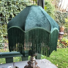Classic Victorian Deep Fringed Lamp Shade in Emerald Green Velvet Lined 15" diam