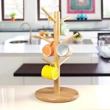 Durable Wooden Mug Holder Tree 6 Hooks Non Slip Coffee Cup Holder Thicken Base