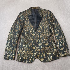 River Island Mens Jacket 36 Green Gold Tuxedo Smoking Blazer Satin Lapels Floral
