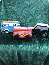 3 wooden vehicles, taxi