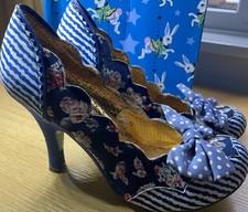 IRREGULAR CHOICE SHOES  UK 6 EU 39 HEELS BLUE FLORAL & STRIPES PRE OWNED(010)