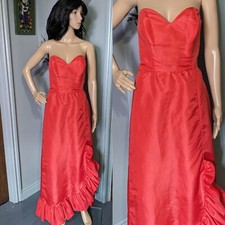 Vintage 80s Bernshaw Red Frill Maxi Strapless Evening Dress Gown Prom S 8 36