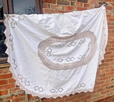 VTG White Tablecloth Embroidered Flower Linen Crochet IRISH lace HANDMADE 216cm
