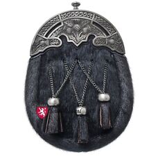 Men's Scottish Kilt Sporran in Black Bovine Leather with Thistle Celtic Cantle