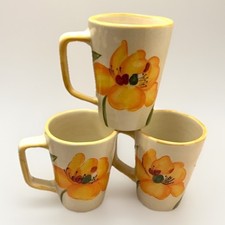 VTG Mug Set Boho Cottage Floral Yellow Pink Hand painted Retro Large 5" Set 3