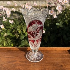 ❤️Vintage Hofbauer Byrdes Lead Crystal Vase Red Birds 26,5 cm