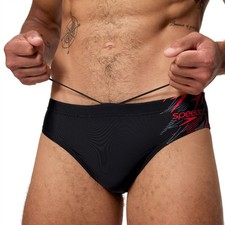SPEEDO MENS SWIMMING BRIEFS.7cm MEDLEY LOGO BLACK RED SWIM TRUNKS SWIMMERS S26