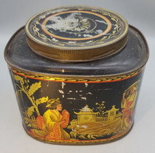 Vintage Unbranded Tea Caddy Tin with Screw Top, Chinese Decoration (T)