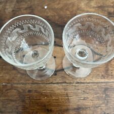 2 x Antique Edwardian Etched Pall Mall Greek Key Pattern Sherry Port Glasses