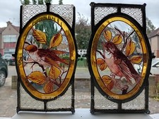 Two hand painted bird leaded stained glass window fragments. A1787b