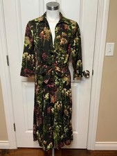 Zara Black Green Pink Floral Belted Shirt Dress, Size S