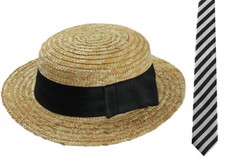 Ladies Straw Boater Hat Black & White Tie St Trinians School Girl Fancy Dress