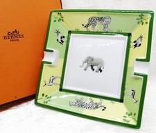 Hermes Paris Ashtray Elephant Africa Plate Green Dish Porcelain Tray w/ Box