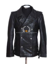 German Naval Black Men's New Military WW2 Real Cowhide Leather Jacket Pea Coat