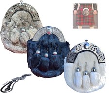 Black/Brown/White Rabbit Fur Chrome Celtic Cantle Scottish Sporran Leather/Chain