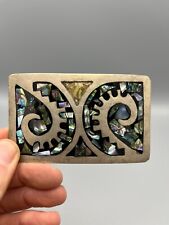 Vintage Alpaca Mexico Belt Buckle - Abalone Inlay, Scrollwork Design (Minor Dama