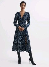 Reiss Greta Printed Long Sleeve Midi Dress, Blue - Size 8