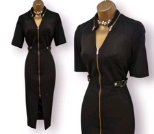 Karen Millen Black Crepe Forever Zipped Military Faux Belted Pencil Dress UK 10
