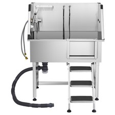 96.5 cm Dog Grooming Bath Tub Stainless Steel w Stairs Faucet Showerhead