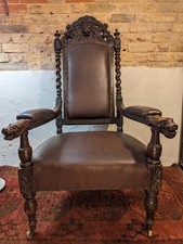 HEAVY CARVED Lion DragonHead Chair Barley Twist Armchair Faux Leather Upholstery