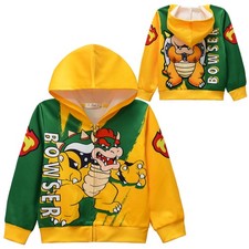 Kids mario Bowser Print Hoodie Cosplay Costume Cartoon Hooded Zipper Jacket Coat