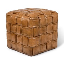 Genuine Real Brown Tan Leather Woven Pouffe Ottoman Footstool Foot Rest 48×47cm