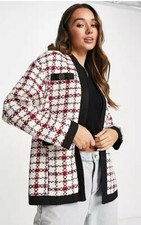 River Island Boucle Check Blazer Jacket Red Cream Gold Button Detail Size 10