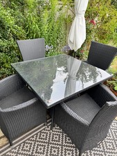 RATTAN GARDEN FURNITURE GLASS TABLE DINING CHAIRS X4 WEATHERPROOF CUSHIONS 