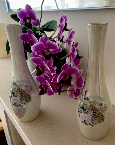 Pair iridescent vases - a,