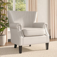 Upholstered Channel Wing Back Queen Anne Chair  Deep Cushioned Armchair Wood Leg