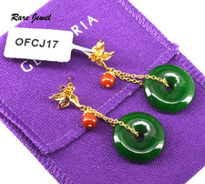 JADE EARRINGS BEAUTIFUL BI DISCS GREEN AND RED JADEITE GOLD ON STERLING SILVER
