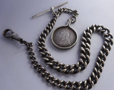 Antique solid silver pocket watch albert chain & Victorian coin fob in mount