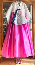 L-XL Traditional Korean Hanbok Dress- Dangui Silver Foil Top & Pink Silk Skirt