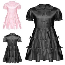 UK Mens Adults Sissy Maid Dress Satin Dress Crossdress Cosplay Costume Nightwear