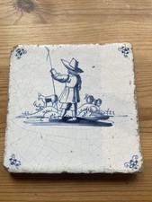 Antique Blue & White Delft Tile Of  Shepherd  tending his Goats.  