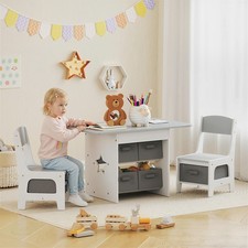 Kids Table and Chair Set, Toddler Table and 2 Chairs Set w/ Storage, Light Grey
