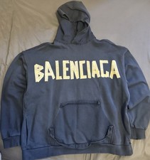 Balenciaga Men's Hoodie Tape Type Ripped Pocket Blue