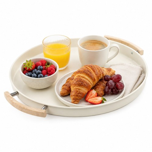 Round white steel serving tray - white,