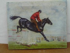 Vintage 1953 Mid 20th Century Unframed Oil painting Race Horse & Jockey -Damaged
