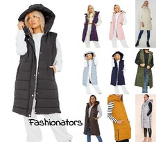 LADIES HOODED QUILTED LONG PUFFER GILET JACKET PADDED BODY WARMER POCKETS ZIPS