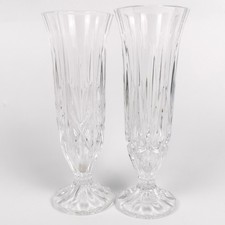 Edwardian Pressed Glass Posy Vases Sunburst Pattern Base 6.5" Tall Vintage Pair