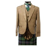 Scottish Brown Tweed Argyle Kilt Jacket With Vest 100% Tweed Wool Jacket For Men