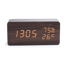 Wooden Digital Alarm Clock LED Display Bedside Voice Control Clocks for Bedrooms