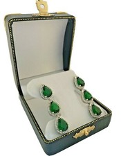 White gold finish pear cut green emerald and created diamond droplet earrings 