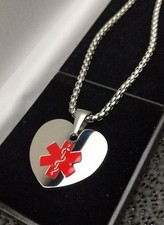 Ladies Silver Steel Heart Medical Alert SOS Talisman Necklace Engraved Info
