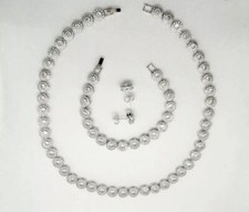 Tennis Necklace Earrings Rhodium Bridal Bracelet set Swarovski Inspired 3pc UK