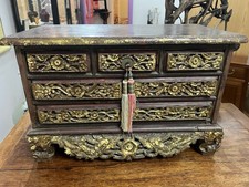 19th Century Chinese Antique Gilt Wood Cabinet Hand Carved Dragons With Drawers