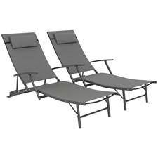 Outsunny Set of 2 Garden Sun Loungers, Folding Chaise Lounge Chairs, Grey