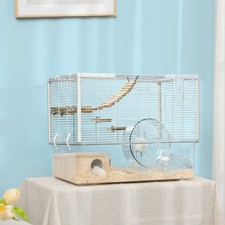 PawHut Hamster Cage, Gerbil Cage w/ Deep Bottom, Wooden Ramp, Exercise Wheel