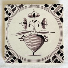 ANTIQUE DELFT TILE HAND PAINTED MANGANESE GLAZE PUCE APPROX 5"SQ 5/16"H READ